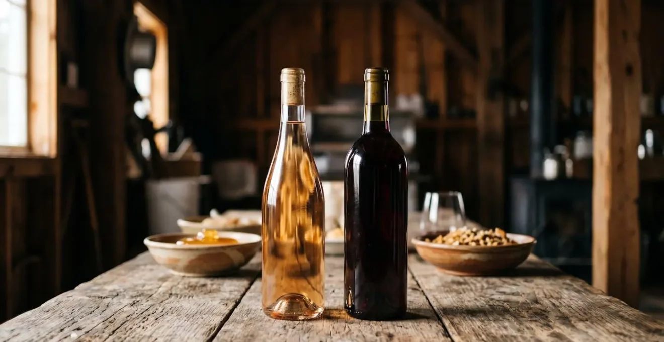 Bouteilles de cidre et verres disposés sur table de cabane à sucre avec plats traditionnels en arrière-plan
