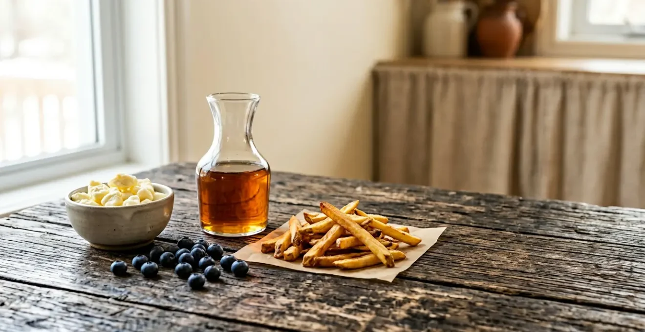 Assortiment authentique de spécialités culinaires québécoises présentées dans un décor naturel