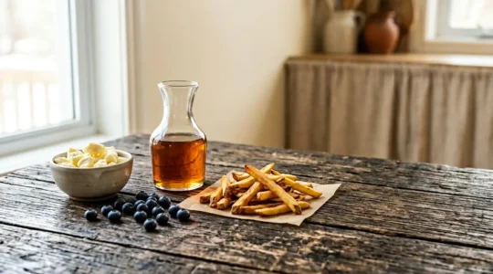 Assortiment authentique de spécialités culinaires québécoises présentées dans un décor naturel