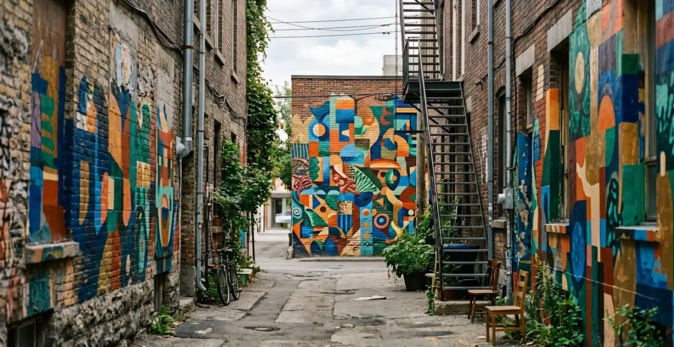 Ruelle colorée du Mile End à Montréal avec œuvre de street art abstraite et végétation urbaine