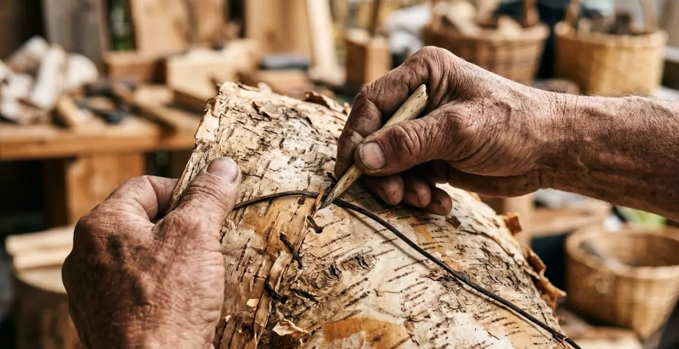 Mains d'artisan atikamekw travaillant l'écorce de bouleau pour la fabrication traditionnelle d'un canot