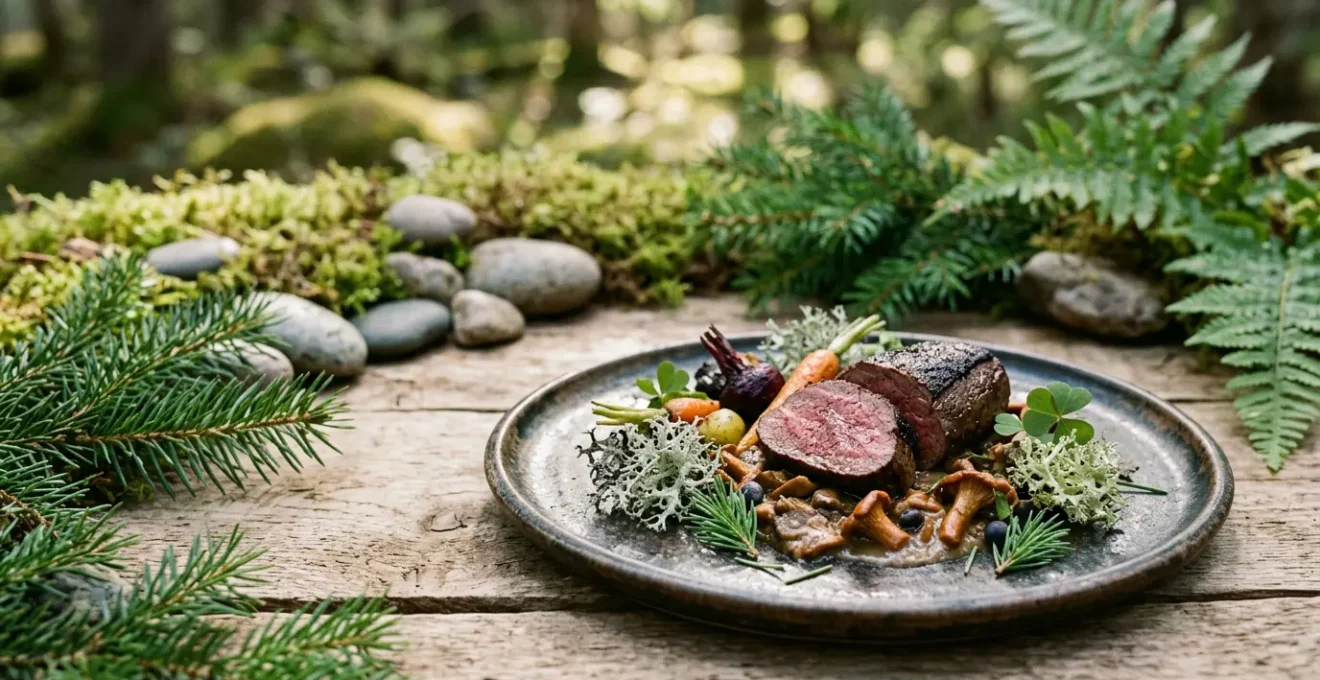 Assiette de cuisine boréale raffinée présentant des ingrédients forestiers sur fond naturel épuré