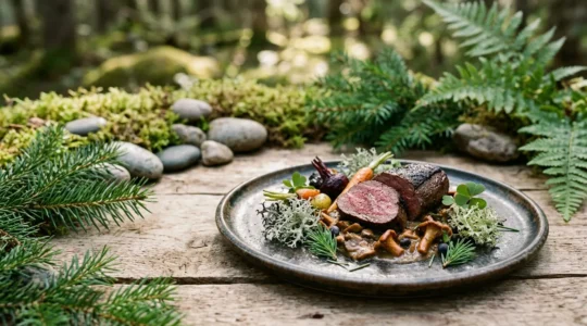 Assiette de cuisine boréale raffinée présentant des ingrédients forestiers sur fond naturel épuré