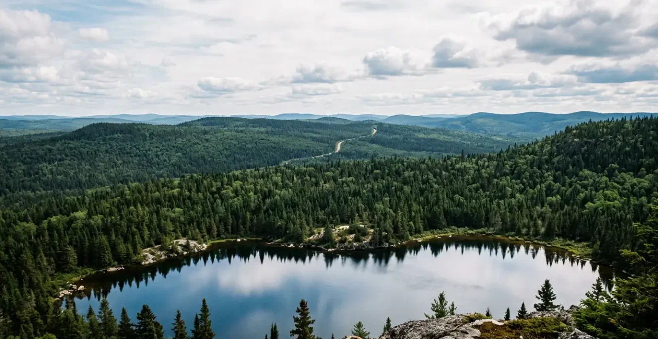 Paysage forestier isolé de la Haute-Mauricie au Québec avec lac et forêt boréale dense sous un ciel dégagé