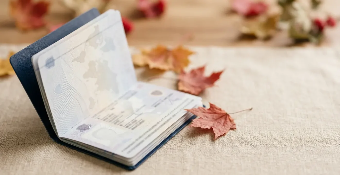 Passeport international ouvert avec tampon Canada sur fond minimaliste