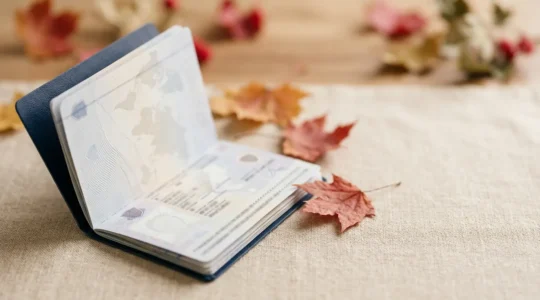 Passeport international ouvert avec tampon Canada sur fond minimaliste