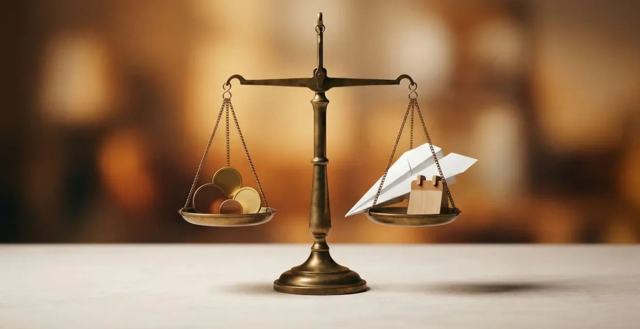 Balance symbolique illustrant le choix entre coût et flexibilité d'une assurance voyage