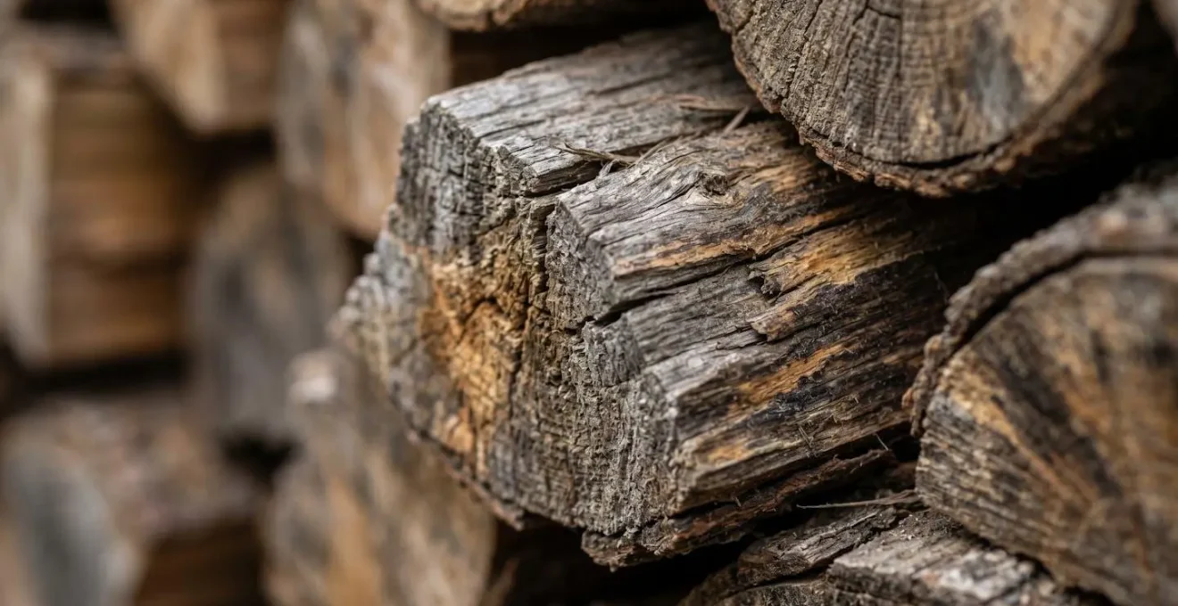 Gros plan sur des bûches de bois sec empilées montrant la texture naturelle