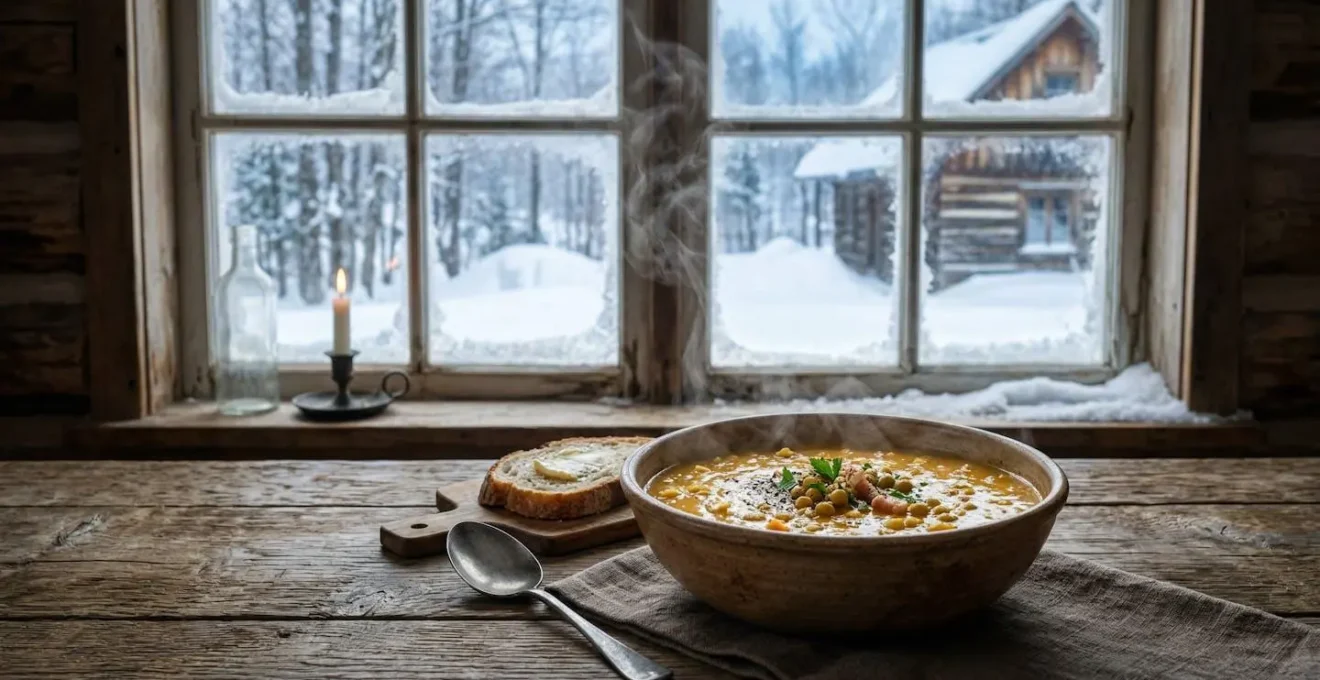 Bol de soupe aux pois fumante dans un décor hivernal québécois traditionnel