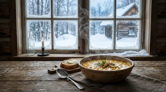 Bol de soupe aux pois fumante dans un décor hivernal québécois traditionnel