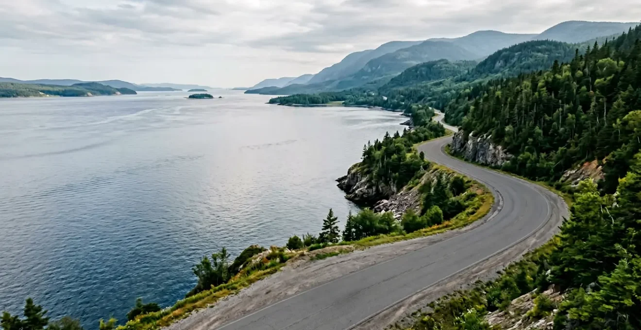 Vue panoramique d'une route côtière sinueuse au Québec longeant le fleuve Saint-Laurent avec un véhicule en mouvement