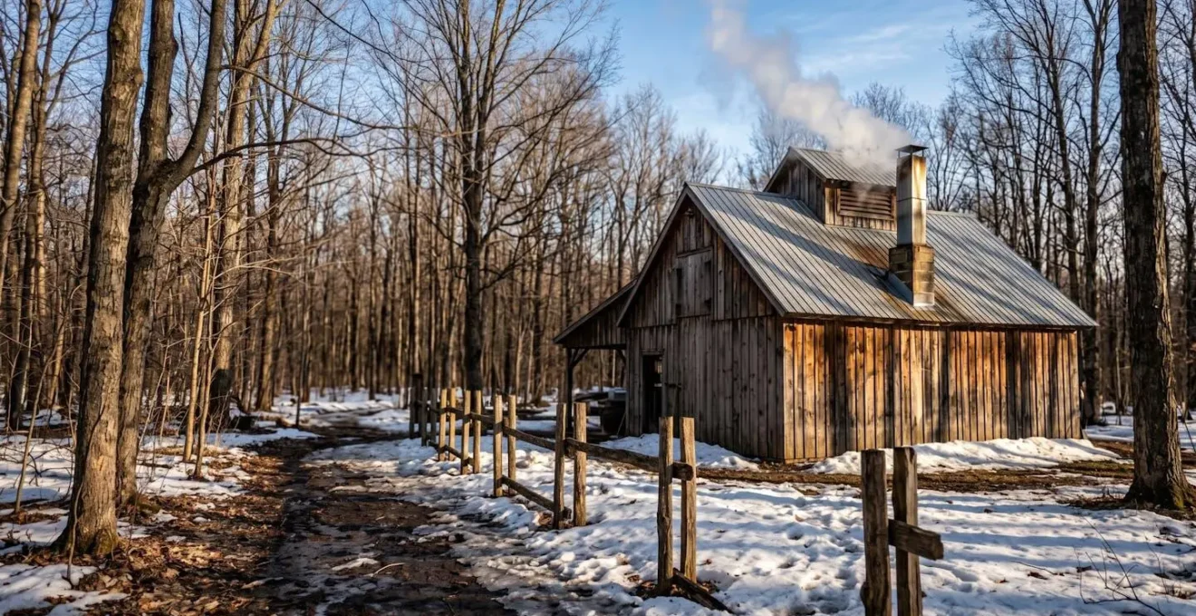 Cabane à sucre traditionnelle québécoise en forêt d'érables avec fumée s'échappant de la cheminée