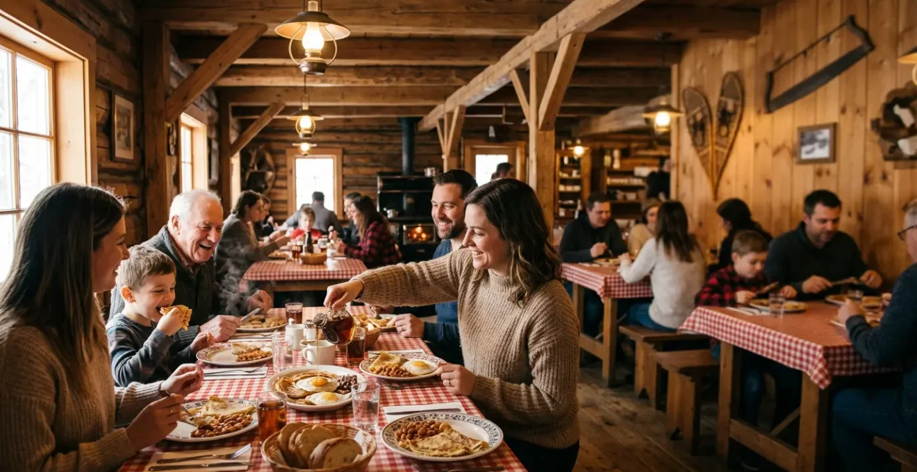 Intérieur chaleureux d'une cabane à sucre traditionnelle québécoise avec tables en bois et convives