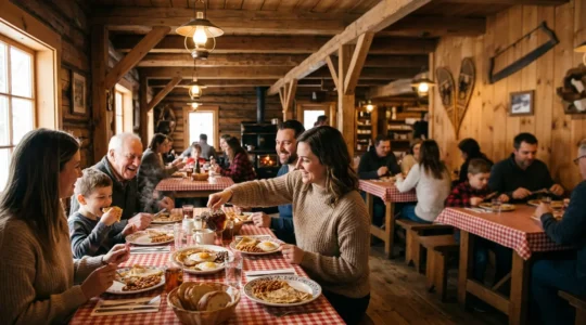 Intérieur chaleureux d'une cabane à sucre traditionnelle québécoise avec tables en bois et convives