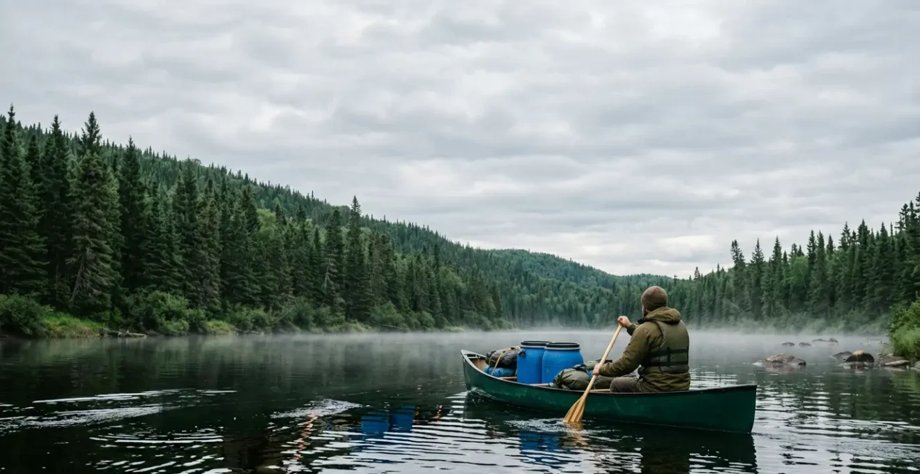 Canot chargé de barils bleus navigant sur une rivière bordée de forêts boréales au Québec