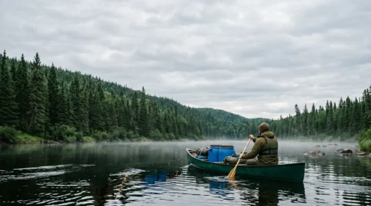 Canot chargé de barils bleus navigant sur une rivière bordée de forêts boréales au Québec