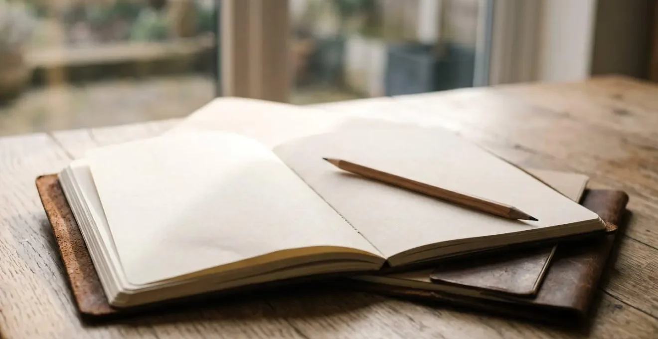 Carnet ouvert et crayon en bois posés sur une table rustique près d'une fenêtre lumineuse