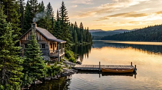 Chalet en bois au bord d'un lac entouré de nature