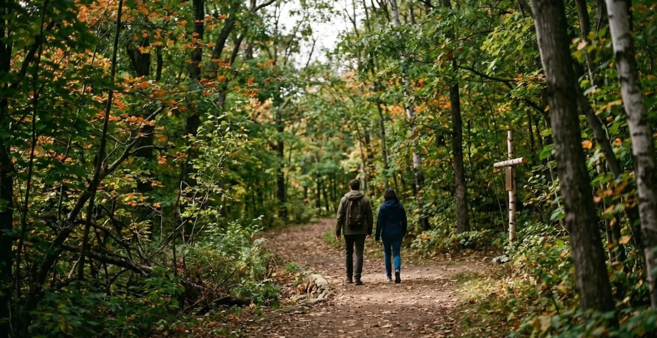 Sentier boisé du chemin de croix de l'Oratoire Saint-Joseph avec visiteurs marchant paisiblement dans la nature