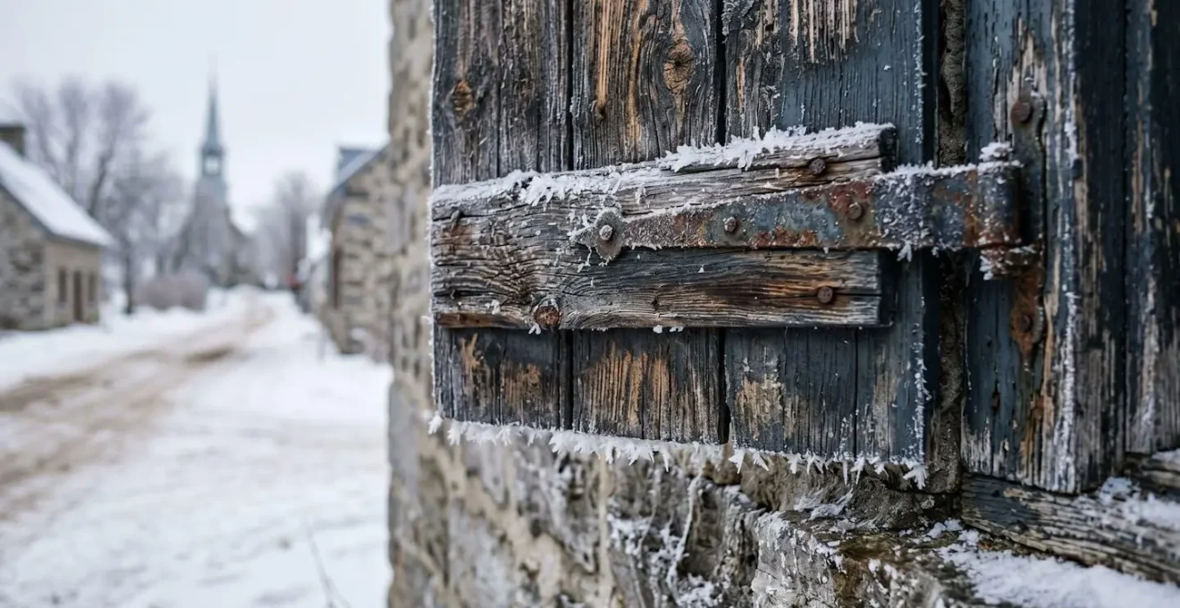 Village historique québécois le long du Chemin du Roy avec architecture traditionnelle enneigée