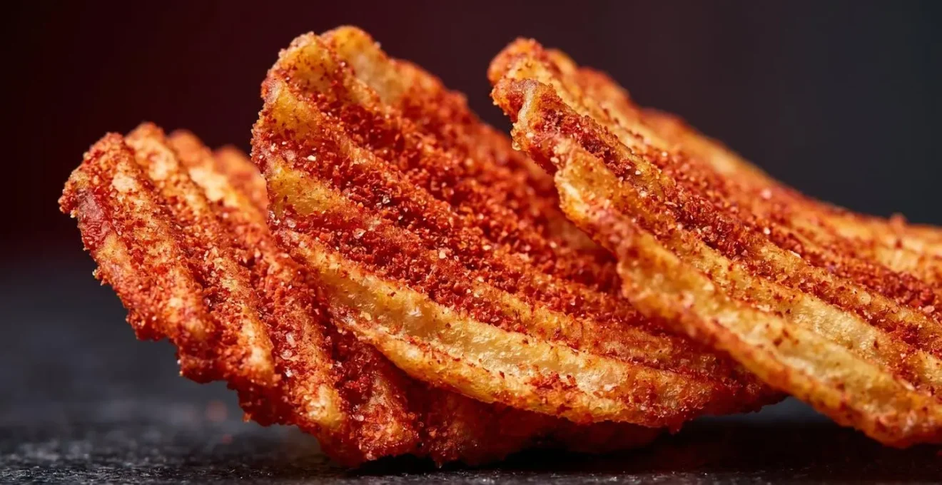 Gros plan photographique sur la texture unique des chips au ketchup avec leurs cristaux de saveur rouge caractéristiques