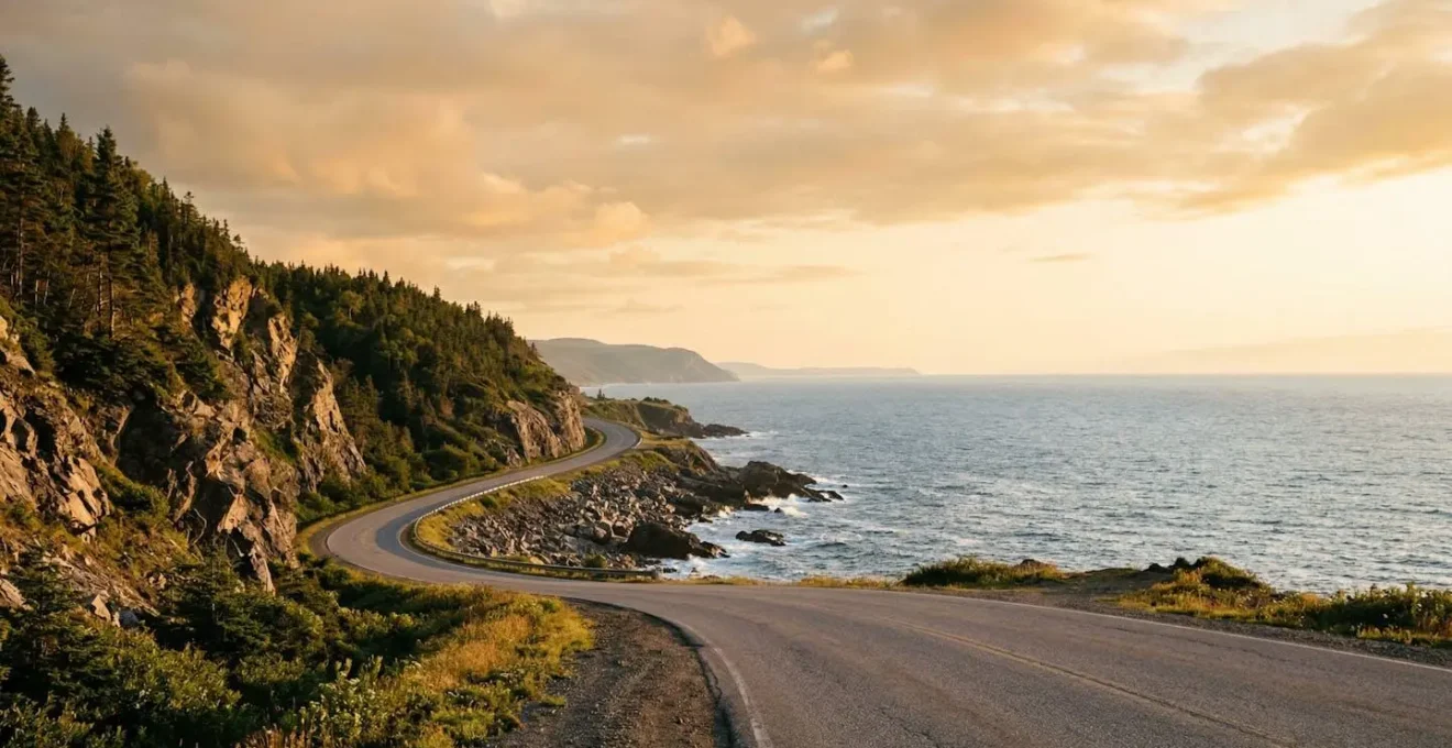 Paysage panoramique de la route 132 longeant la côte gaspésienne avec vue sur le golfe du Saint-Laurent