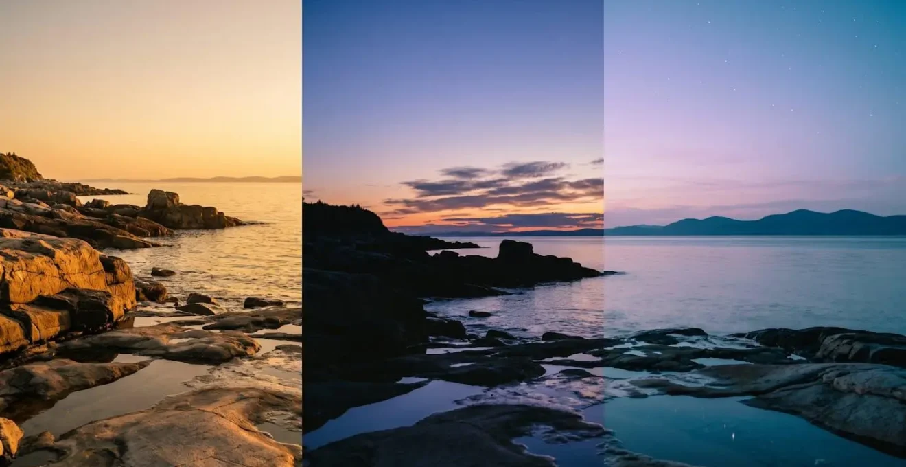 Séquence visuelle montrant l'évolution de la lumière sur le fleuve Saint-Laurent à Kamouraska du crépuscule à la nuit