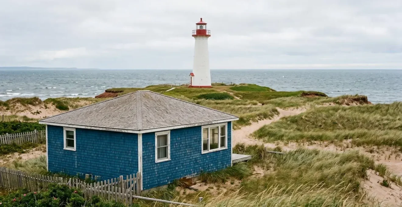 Composition architecturale montrant le dialogue visuel entre les maisons traditionnelles colorées et le phare du Borgot aux Îles de la Madeleine