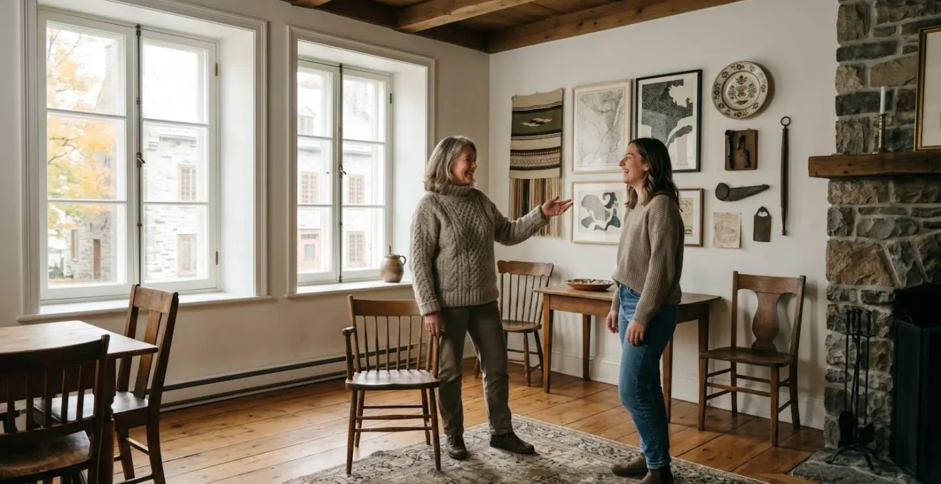 Échange chaleureux entre un hôte et un voyageur dans le salon d'un gîte québécois