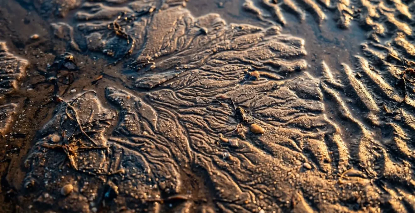 Horizon spectaculaire de l'estuaire au crépuscule avec reflets dorés sur l'eau