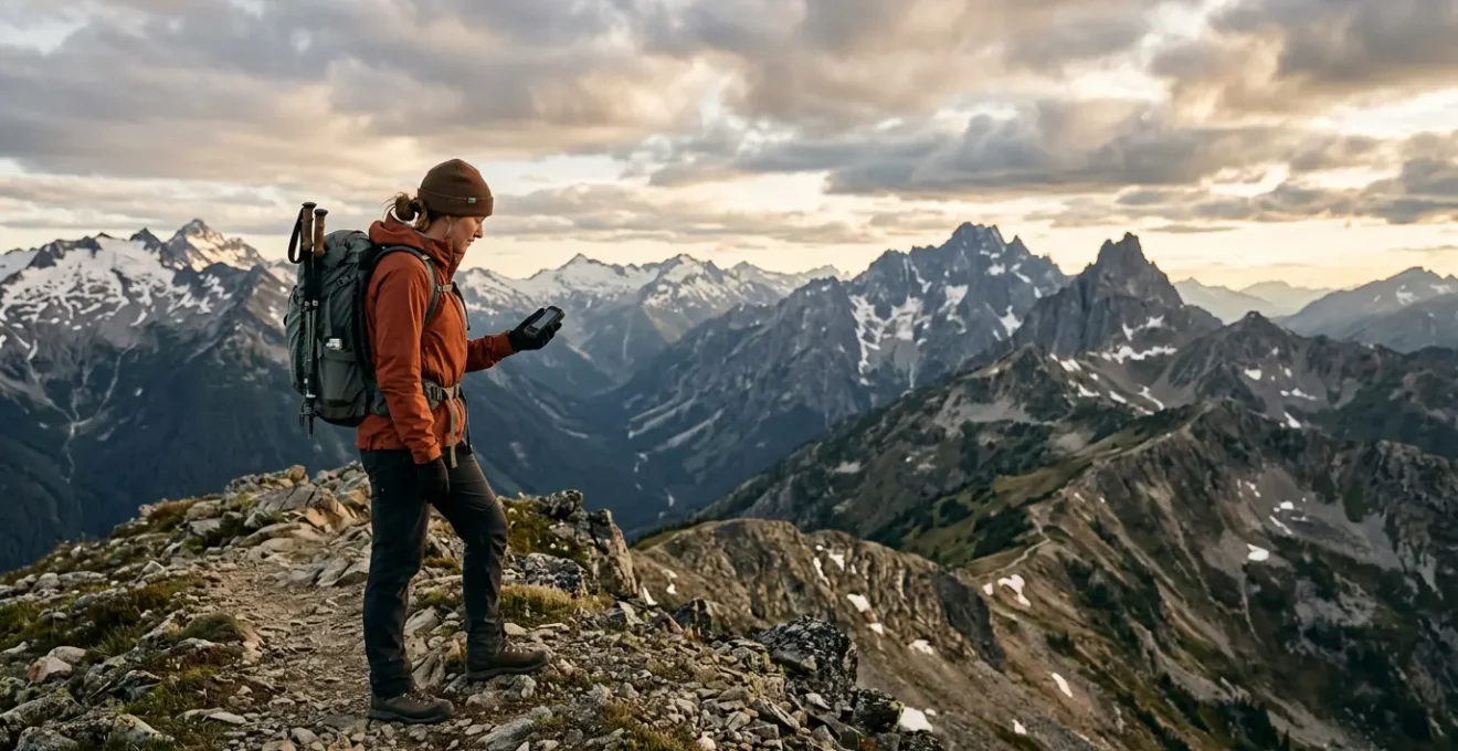 Randonneur en montagne consultant une carte avec équipement de sécurité moderne