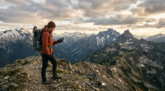 Randonneur en montagne consultant une carte avec équipement de sécurité moderne