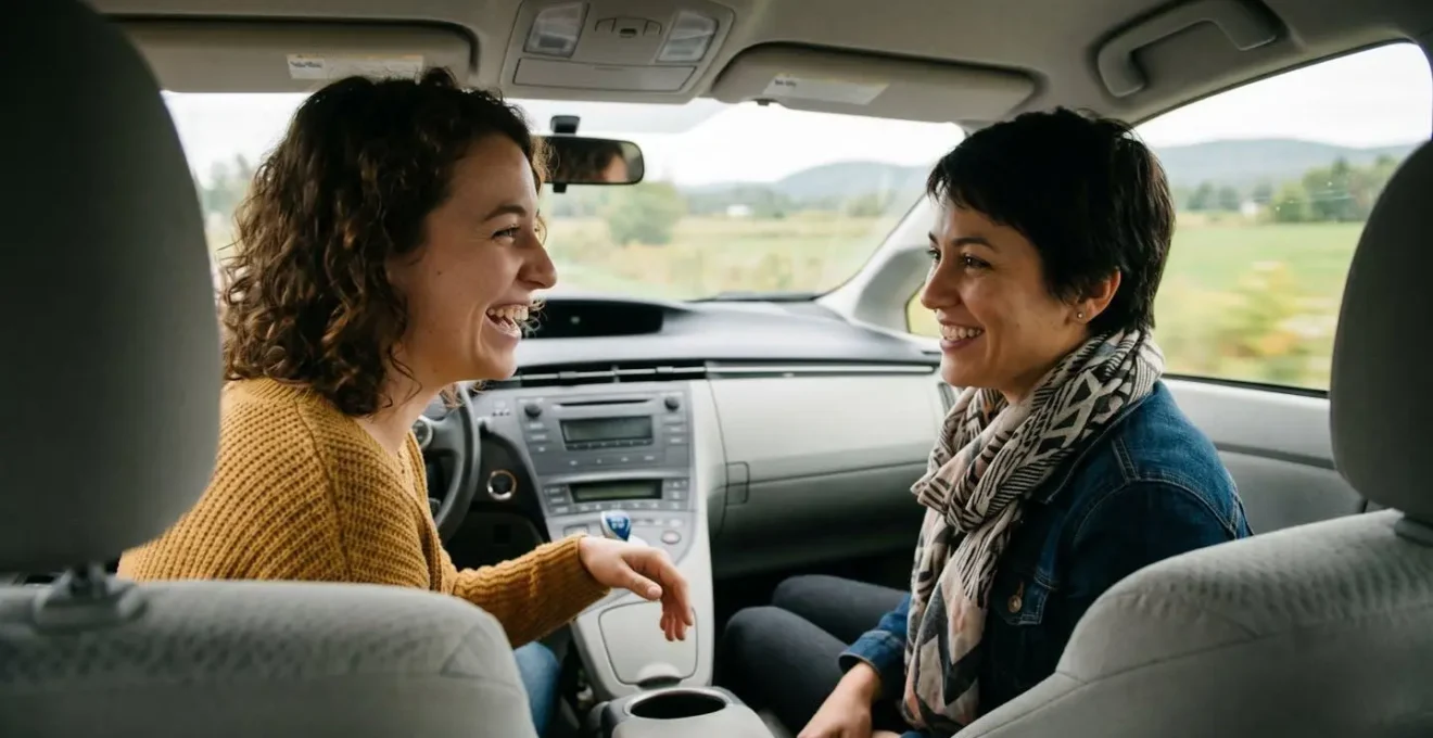 Intérieur de voiture en mouvement avec passagers en conversation pendant un trajet de covoiturage