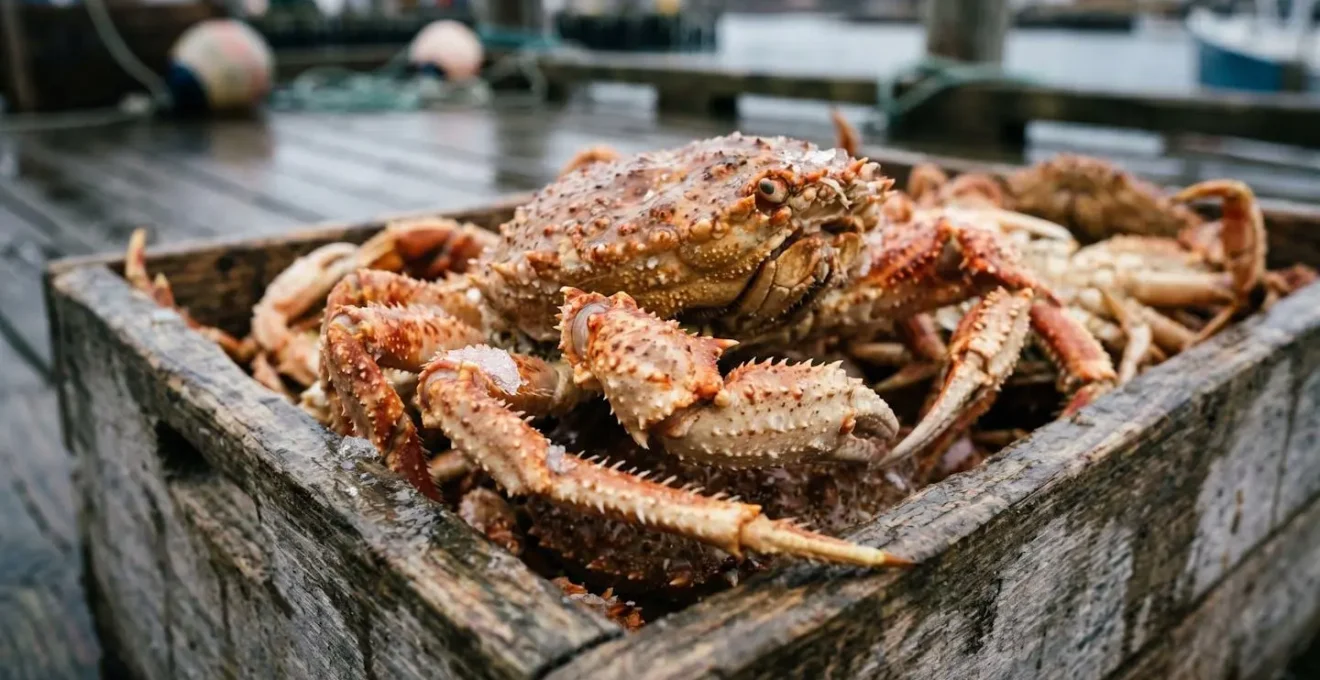 Crabes des neiges fraîchement pêchés dans un bac sur un quai de la Côte-Nord