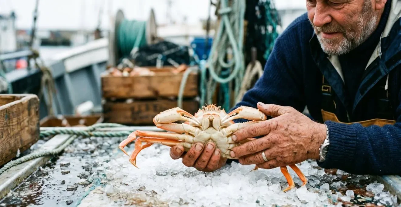Mains de pêcheur tenant délicatement un crabe des neiges frais sur fond de glace