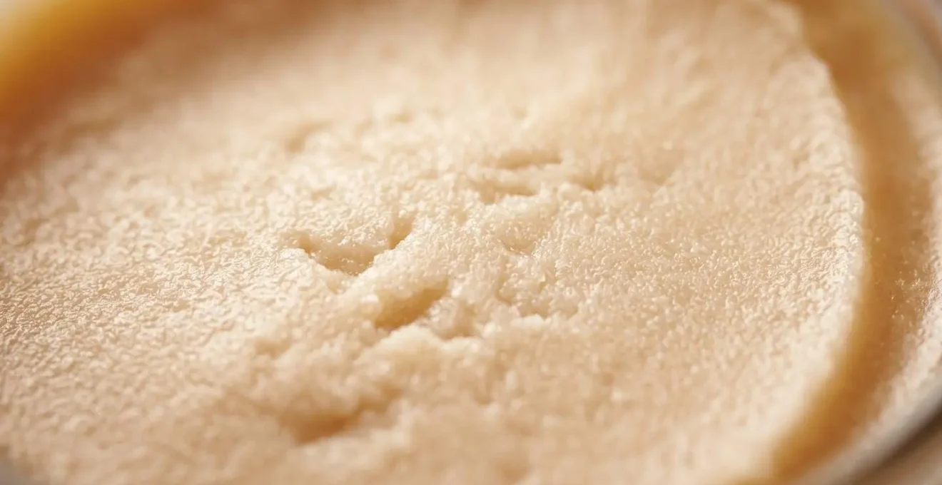 Gros plan sur la texture crémeuse et micro-cristalline du beurre d'érable avec profondeur de champ extrême