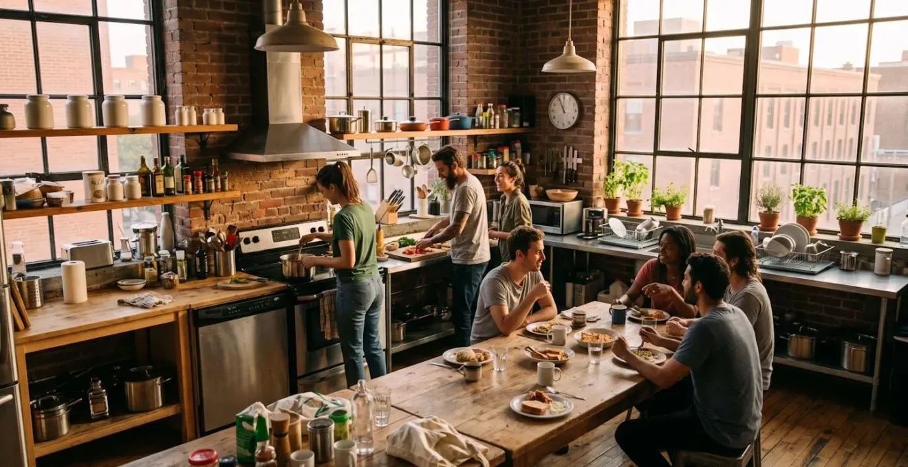 Cuisine commune d'une auberge de jeunesse à Montréal avec voyageurs préparant un repas ensemble