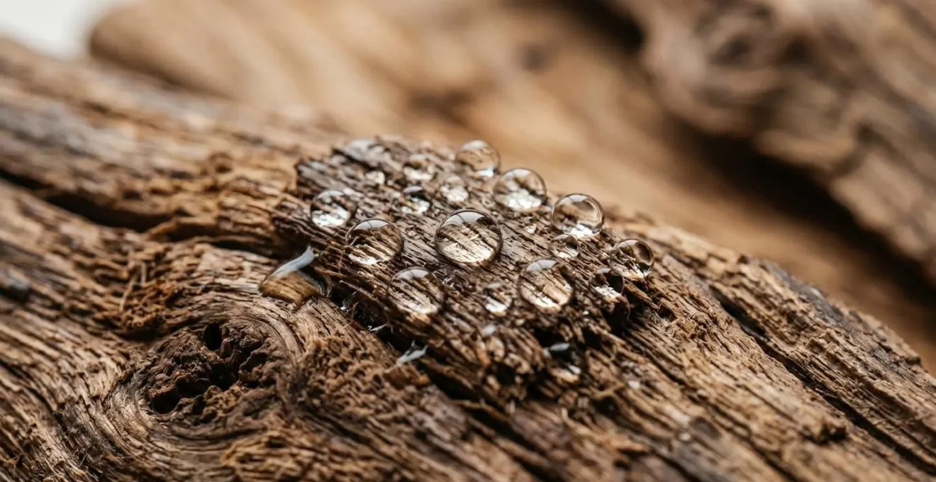 Détail macro de gouttes d'eau sur une surface en bois illustrant le risque de dégât des eaux