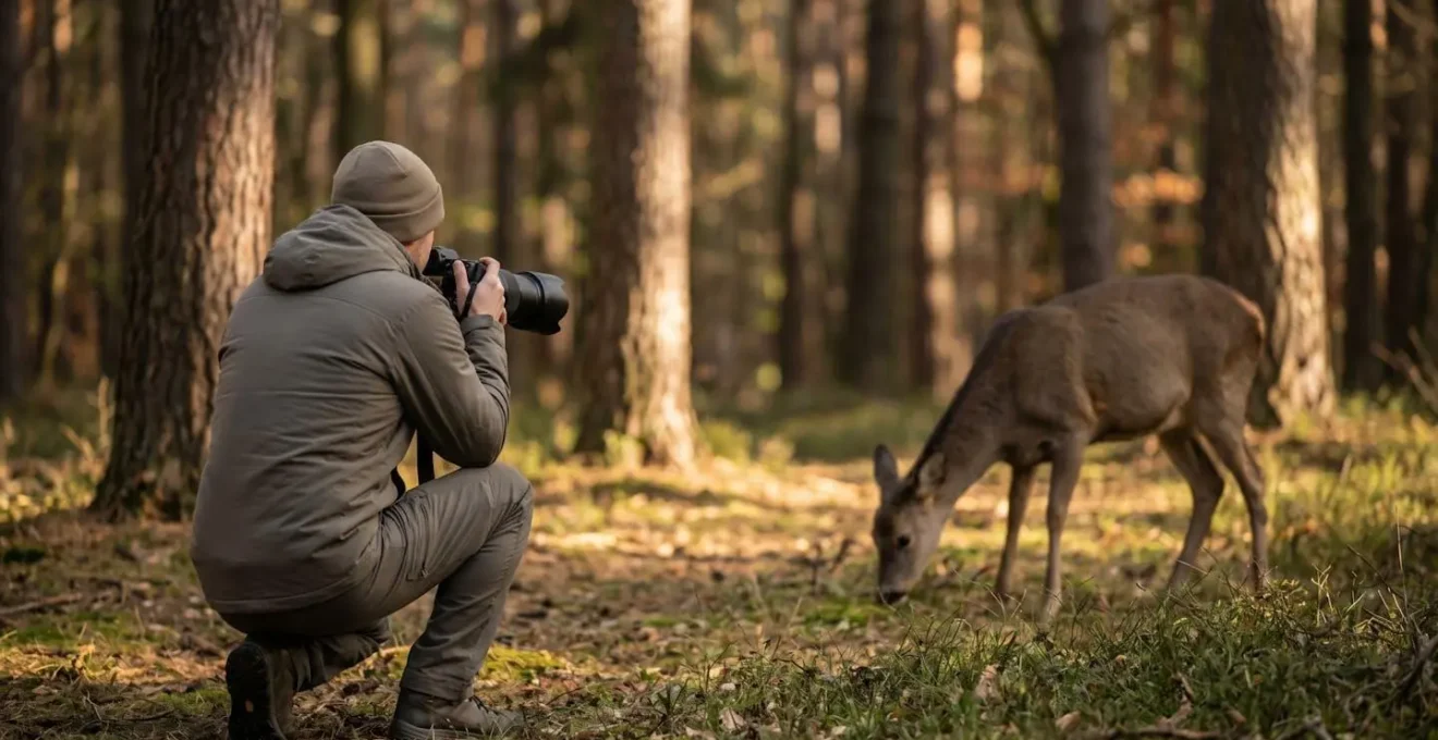 Scène d'observation éthique de la faune montrant un photographe respectant une distance appropriée avec un animal sauvage dans son habitat naturel