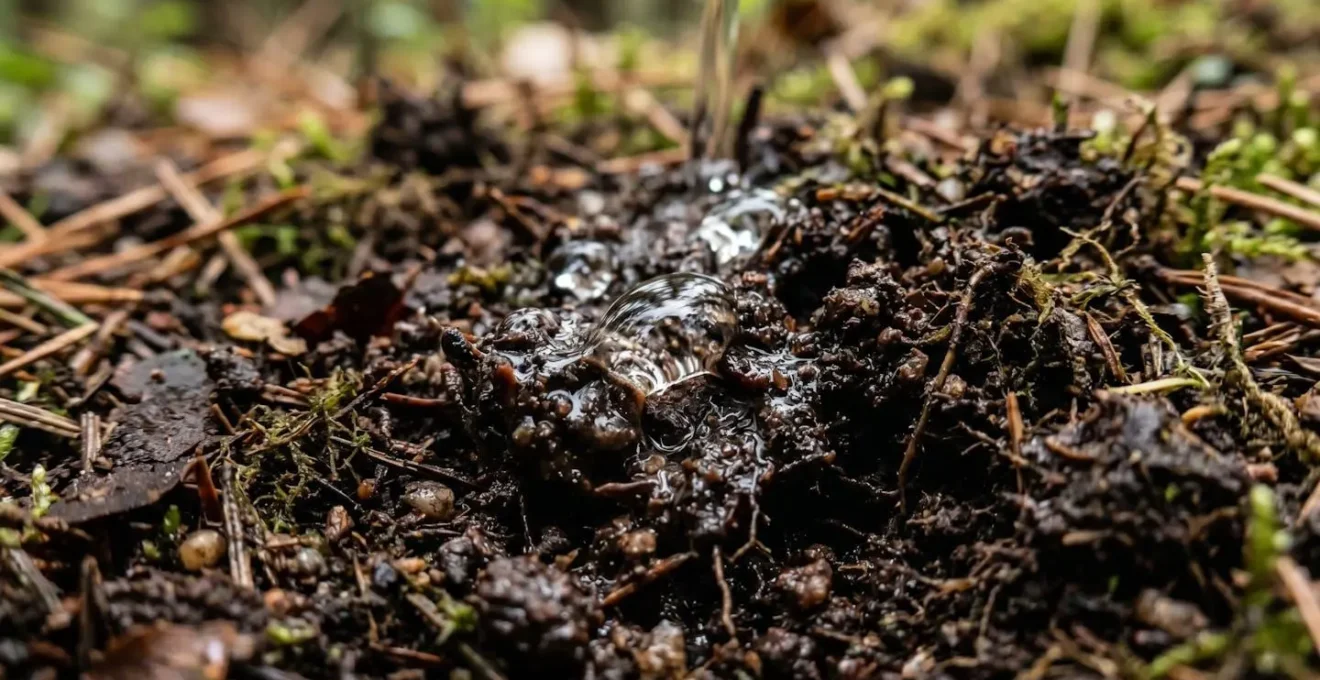 Gros plan sur de l'eau versée dans un sol forestier meuble avec texture de terre et racines visibles