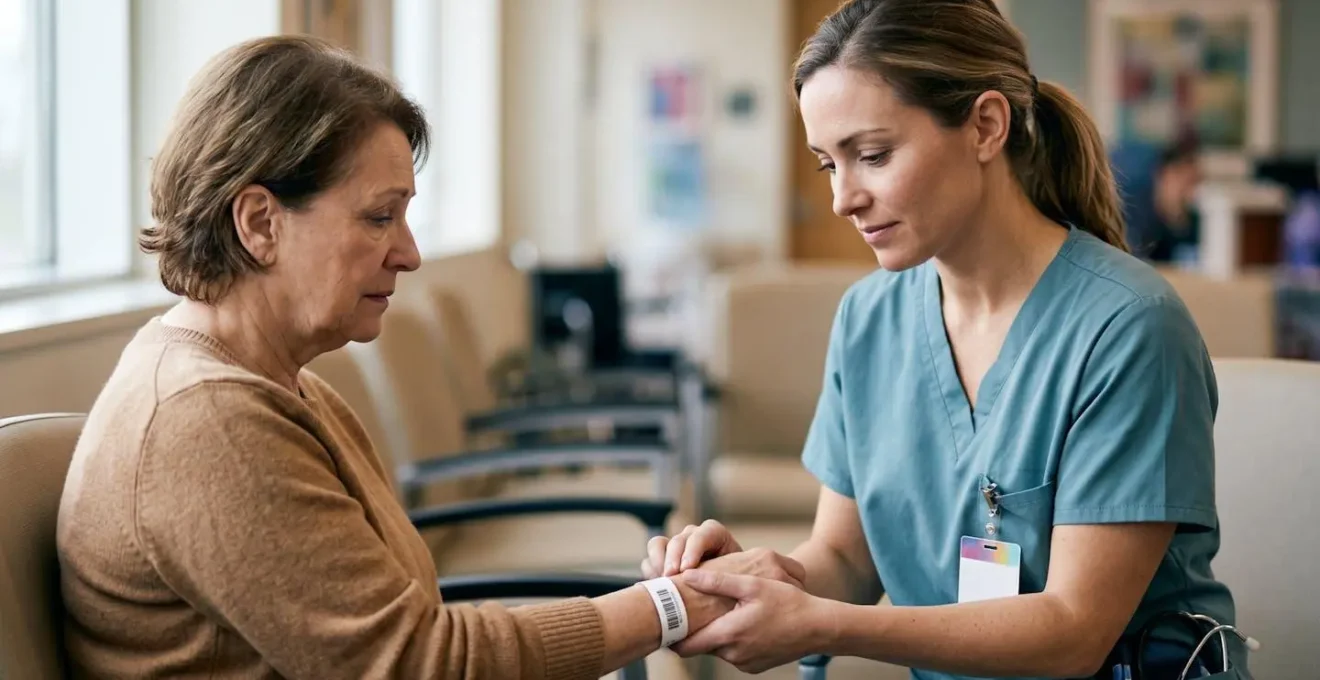 Professionnel de santé évaluant un patient lors du triage dans une salle d'urgence québécoise