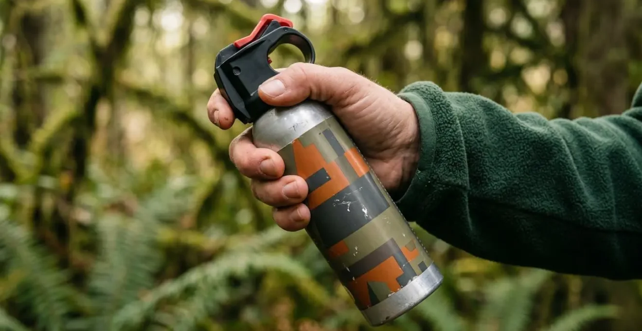 Main tenant un spray anti-ours dans un environnement forestier avec végétation floue en arrière-plan