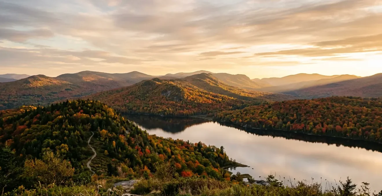 Vue panoramique d'une montagne québécoise à l'automne avec sentier de randonnée et lac paisible