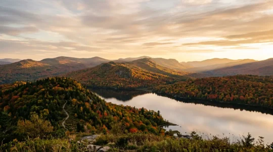 Vue panoramique d'une montagne québécoise à l'automne avec sentier de randonnée et lac paisible