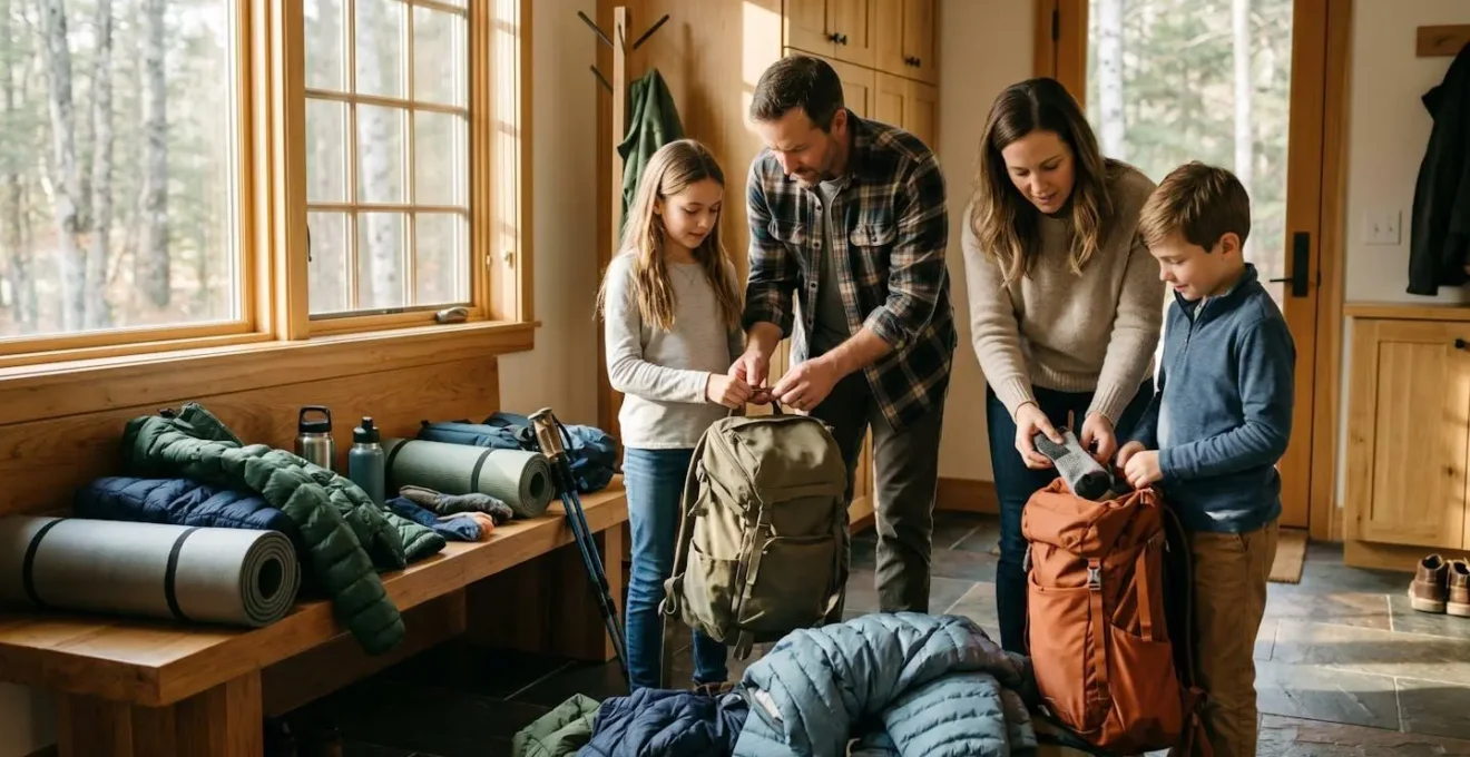 Parents et enfants préparant ensemble leur équipement de randonnée avant une sortie en montagne