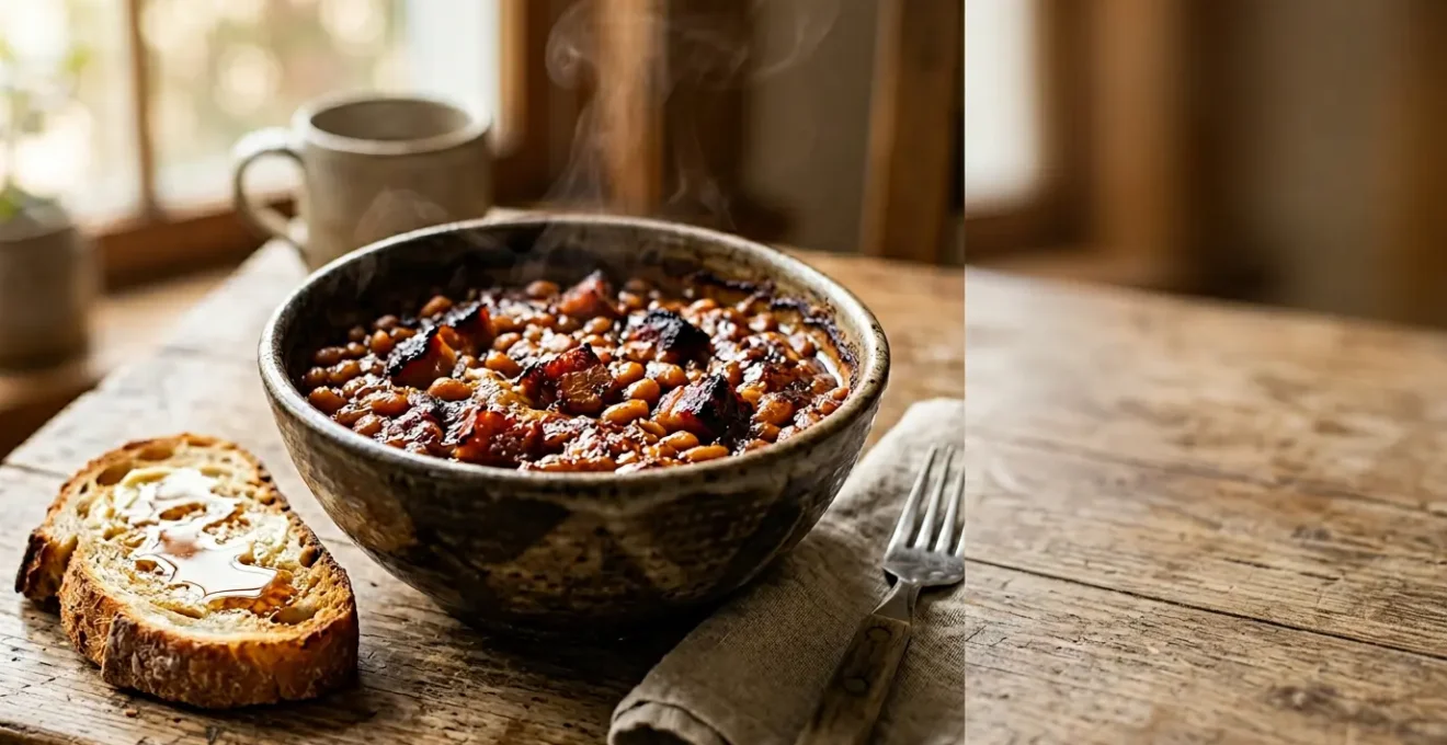 Bol fumant de fèves au lard caramélisées garnies de morceaux de lard croustillant, servi avec pain de campagne grillé et sirop d'érable pour un petit-déjeuner traditionnel québécois