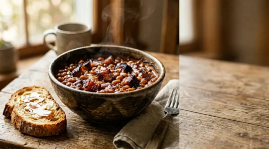 Bol fumant de fèves au lard caramélisées garnies de morceaux de lard croustillant, servi avec pain de campagne grillé et sirop d'érable pour un petit-déjeuner traditionnel québécois