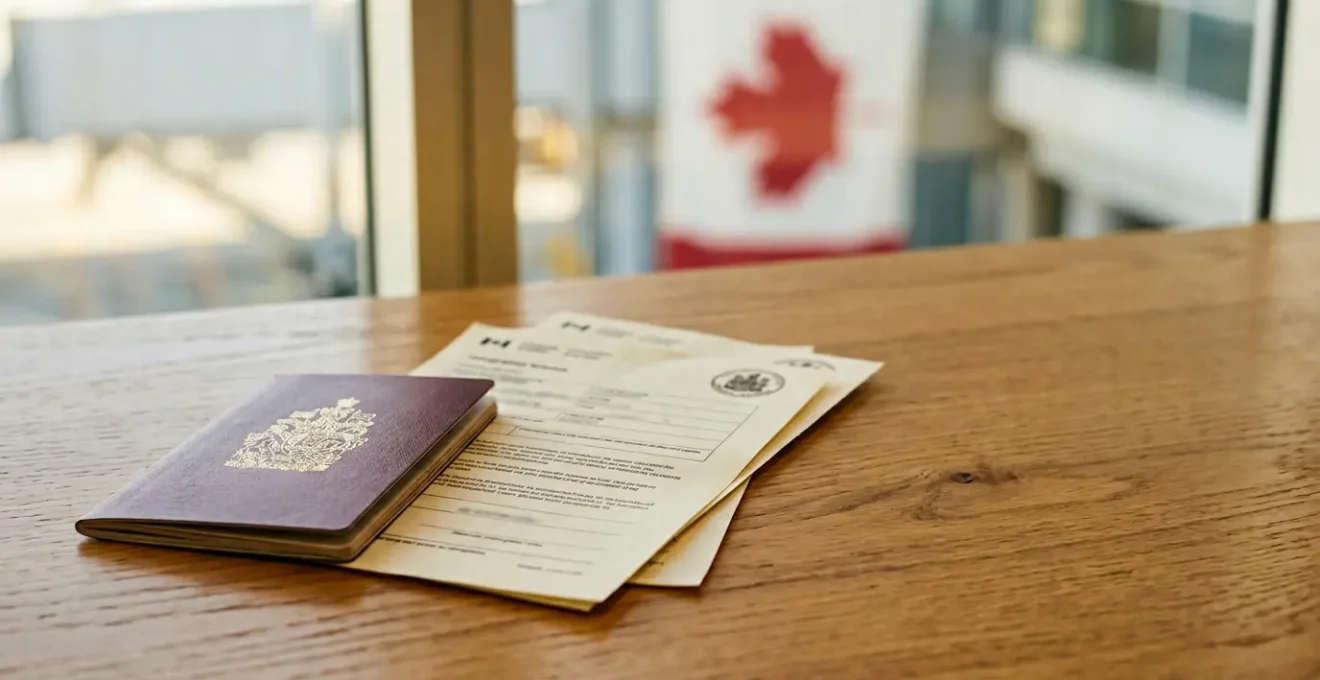 Passeport et documents officiels sur une table avec feuille d'érable canadienne en arrière-plan flou