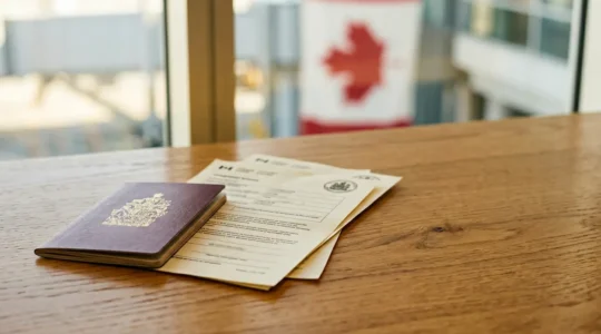 Passeport et documents officiels sur une table avec feuille d'érable canadienne en arrière-plan flou