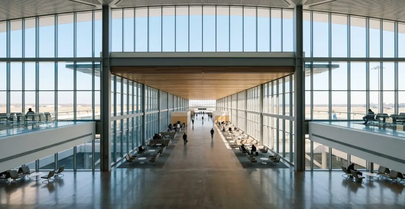 Vue aérienne minimaliste d'un terminal d'aéroport avec zones de repos et espaces lumineux